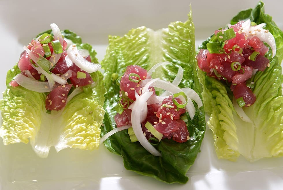 Poke on lettuce leaves